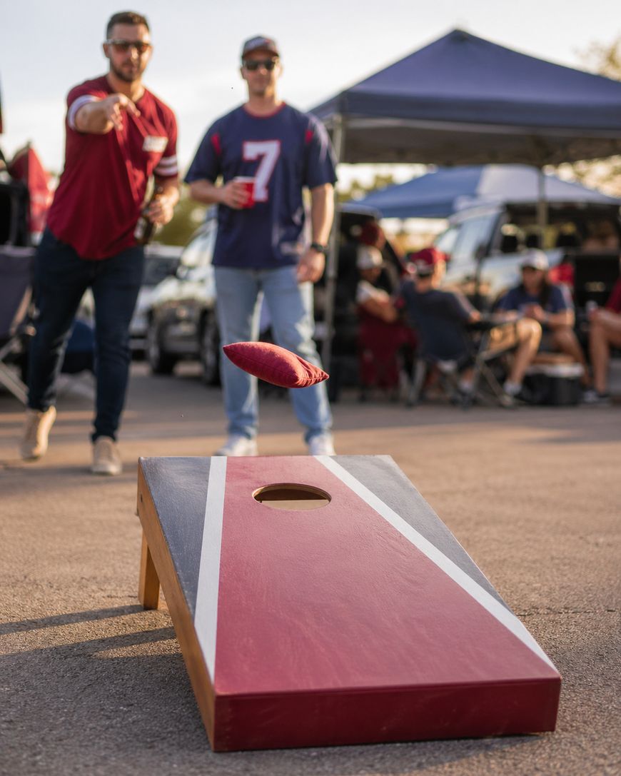 Two men play cornhole outside, one tossing a red bean bag toward the board. Both wear sunglasses and team jerseys, with tailgating tents, parked cars, and people in the background.