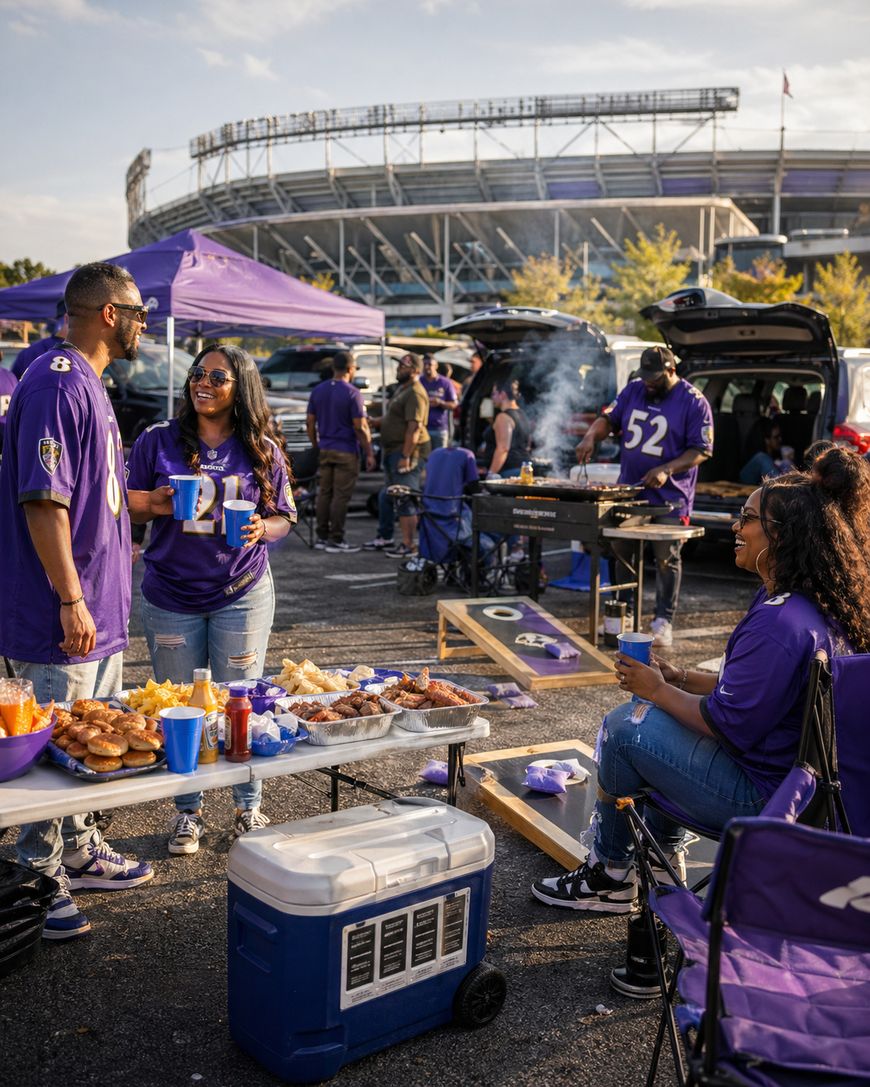 Three people in purple football jerseys tailgate near a stadium, chatting and smiling by a table with snacks and drinks. Grills, coolers, and other fans are visible in the parking lot under sunny skies.