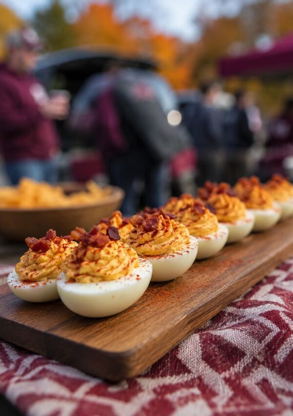 A wooden tray of deviled eggs topped with crumbled bacon sits on a patterned cloth—an irresistible pre-game food perfect for tailgate recipes, with blurred people and autumn trees in the background.