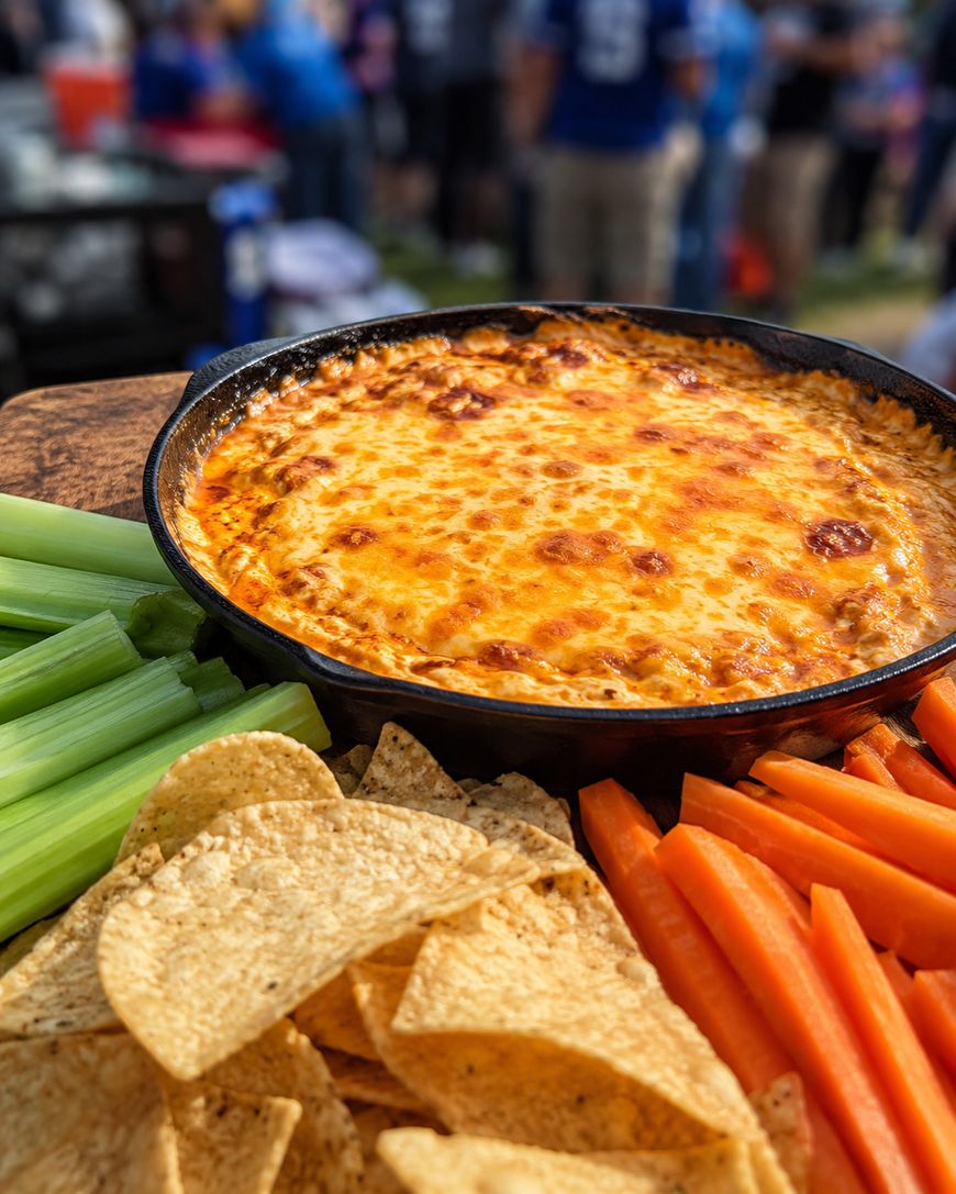 A skillet of baked cheesy dip is surrounded by celery sticks, carrot sticks, and tortilla chips on a wooden board, with people gathered in the blurred background.