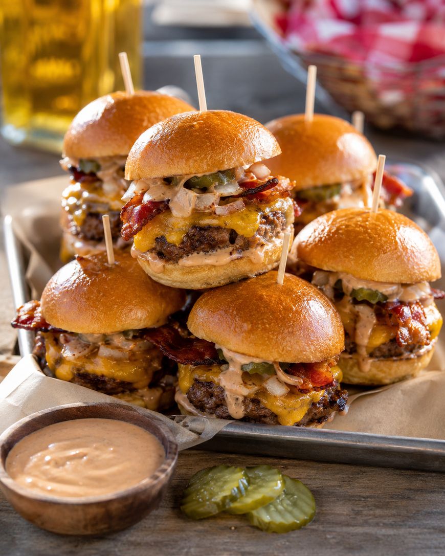 A tray of mini cheeseburgers stacked in pairs with wooden skewers, topped with bacon, pickles, and creamy sauce. A small bowl of sauce and pickle slices are in front, with a drink and basket in the background.