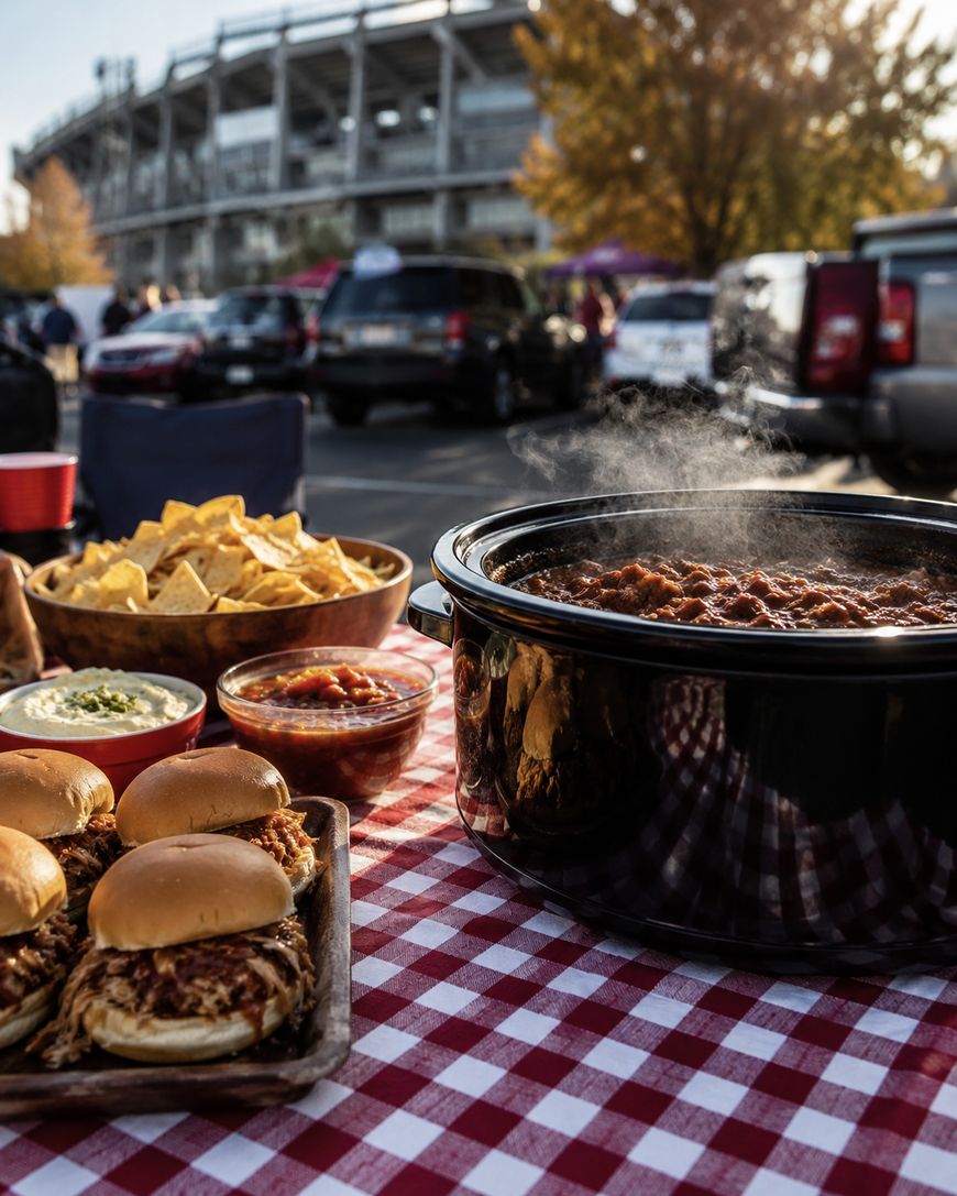 A picnic table with pulled pork sandwiches, tortilla chips, dips, and a steaming slow cooker sits in a parking lot, with cars and a stadium in the background, suggesting a tailgate party.