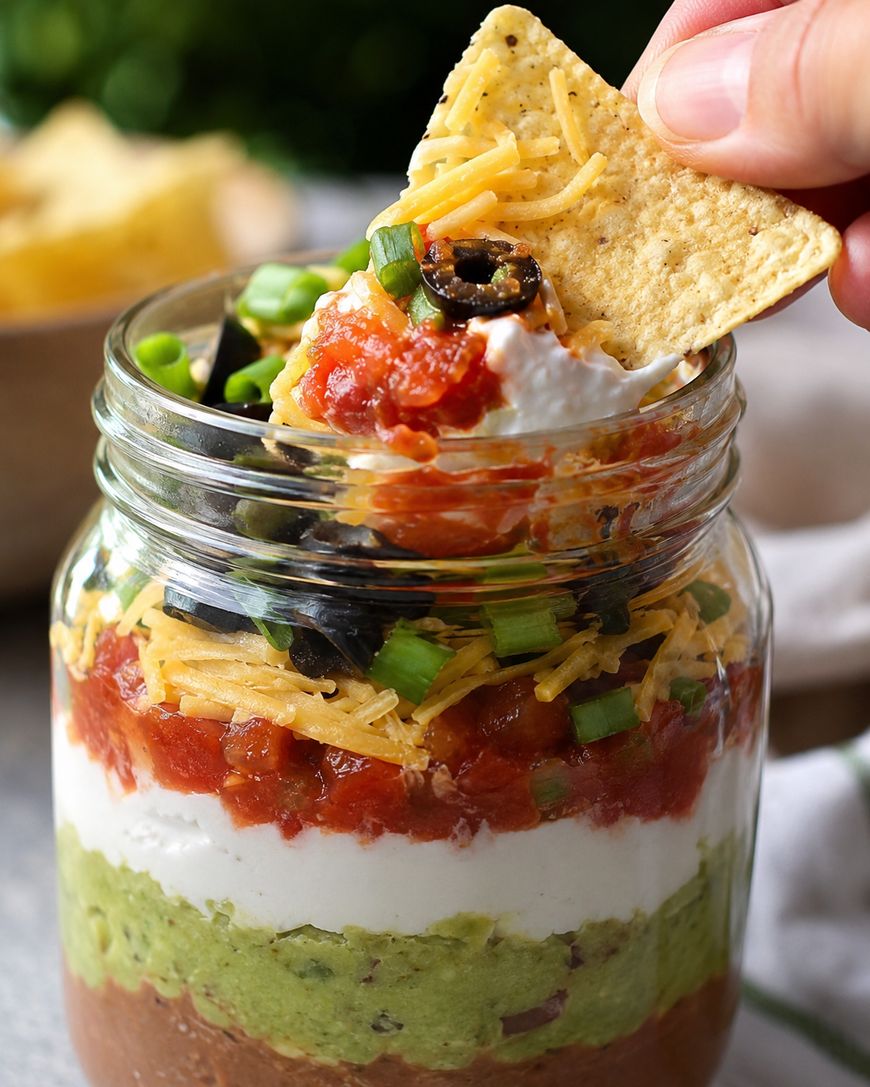 A hand dips a tortilla chip into a jar filled with layered dip, including refried beans, guacamole, sour cream, salsa, shredded cheese, sliced black olives, and chopped green onions.