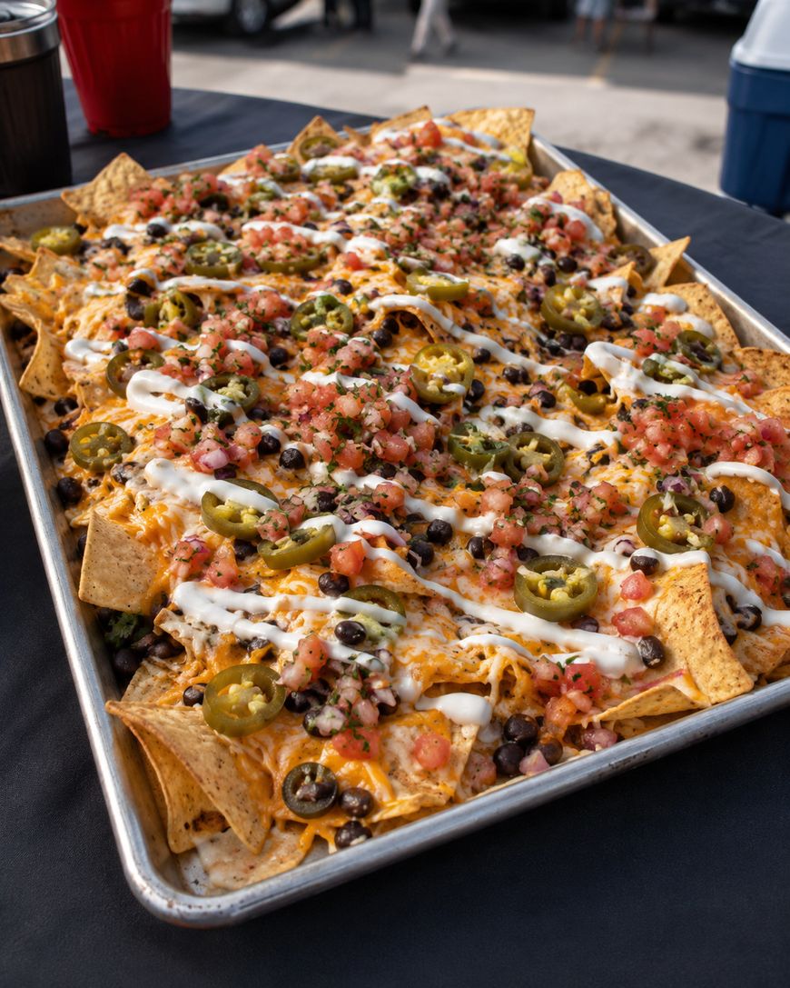 A large tray of loaded nachos topped with melted cheese, sliced jalapeños, diced tomatoes, black beans, sour cream, and herbs, set on a dark table outdoors.