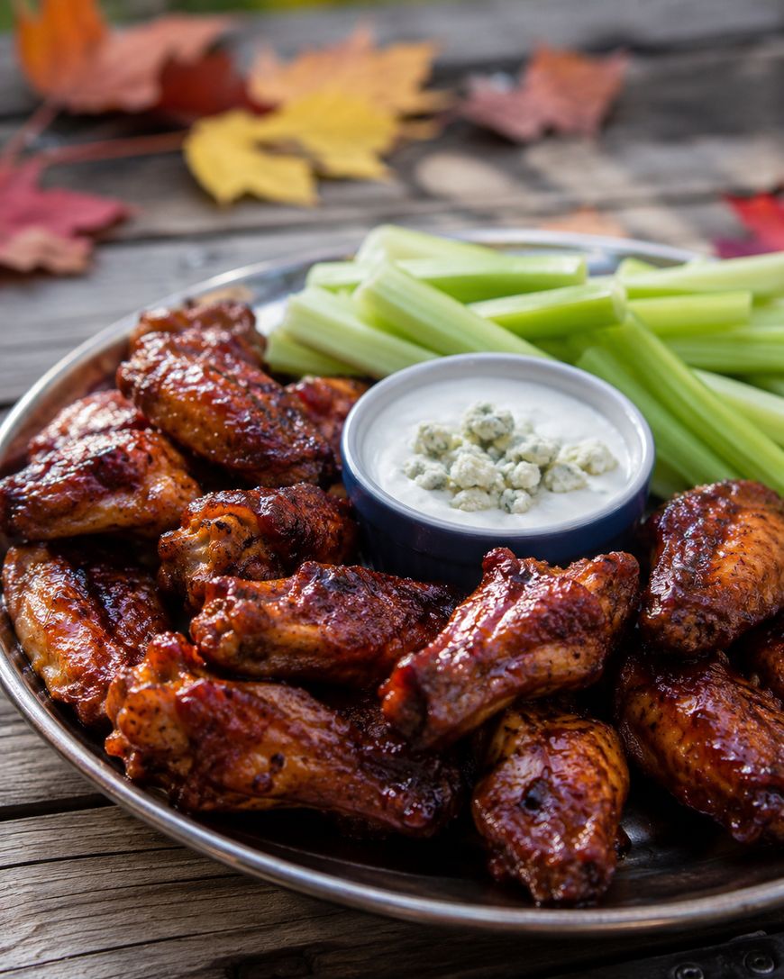 A plate of glazed chicken wings with a side of celery sticks and a small bowl of dipping sauce topped with blue cheese crumbles, set on a rustic wooden table with autumn leaves in the background.