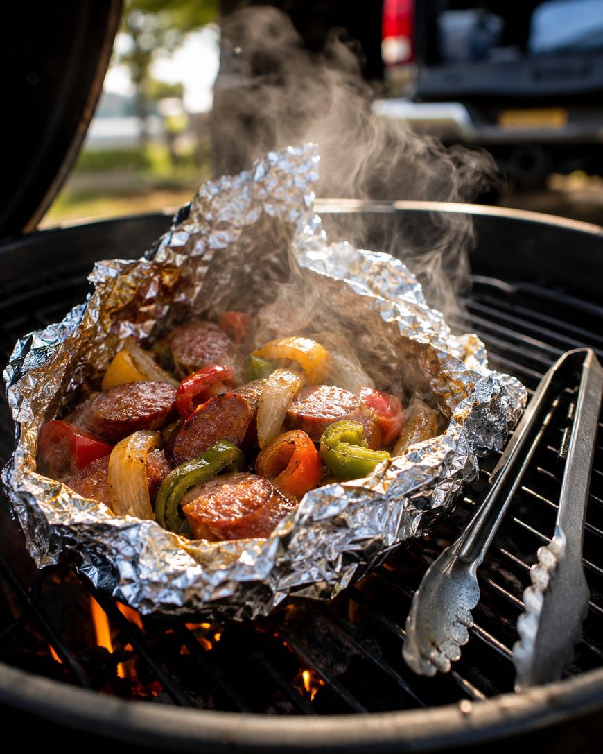 Foil packet filled with sliced sausage, bell peppers, and onions steaming on a grill over hot coals, with tongs resting nearby and blurred outdoor scenery in the background.