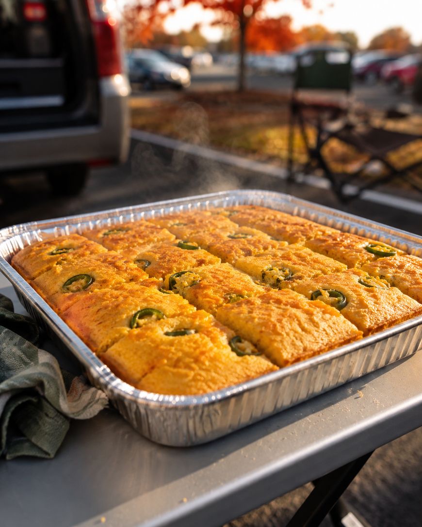 A tray of freshly baked cornbread topped with jalapeño slices sits on an outdoor table, with steam rising and fall leaves and parked cars visible in the background.