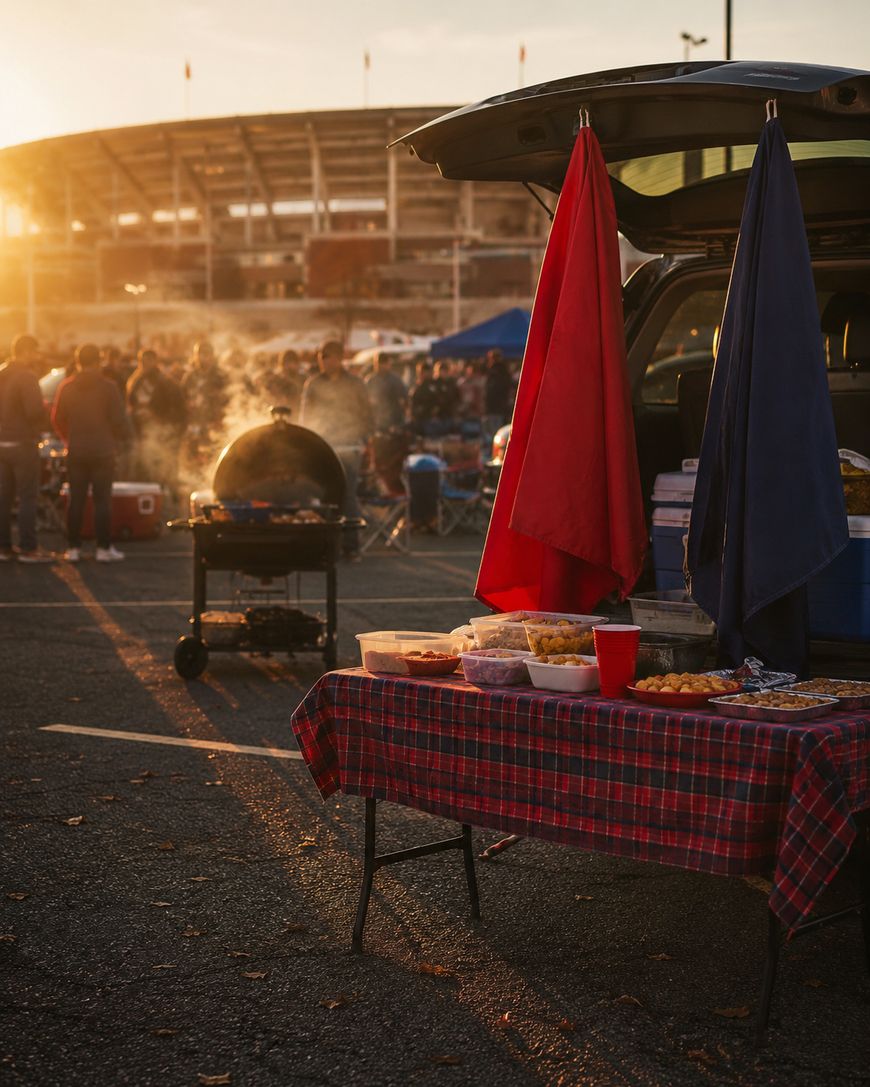 A tailgate party in a parking lot outside a stadium at sunset, with a table covered in food, a grill smoking nearby, and people gathered in the background.