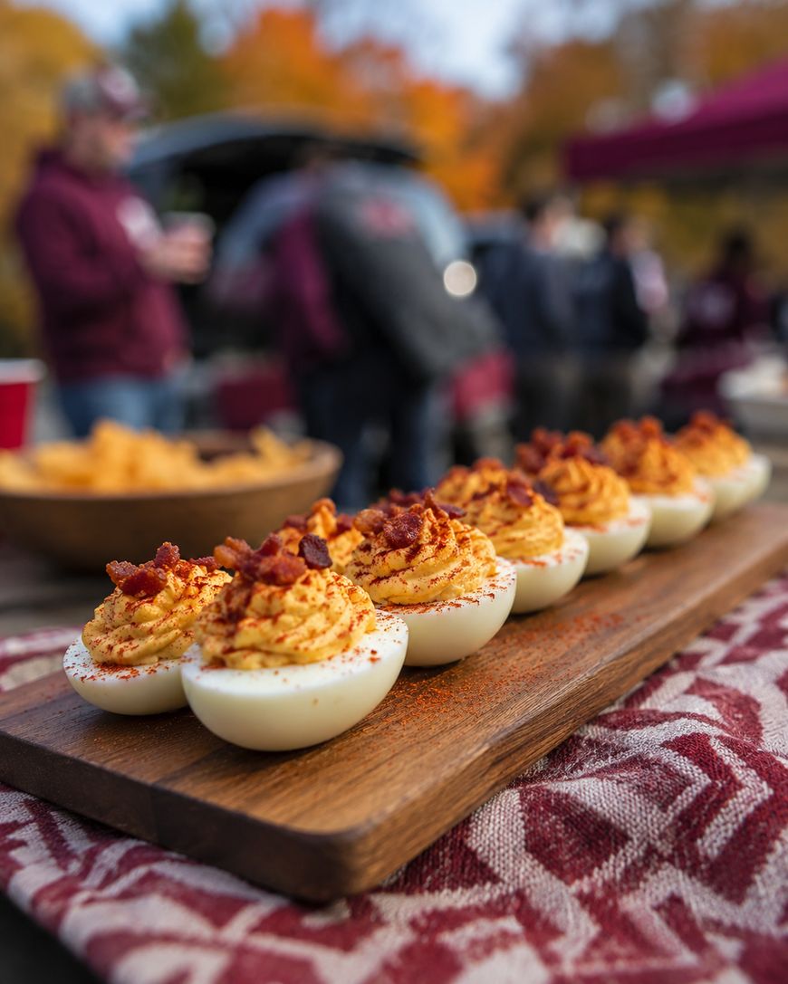 Deviled eggs topped with crispy bacon bits are arranged on a wooden serving board, set on a red patterned cloth. In the blurred background, people gather outdoors, suggesting a casual event or tailgate party.