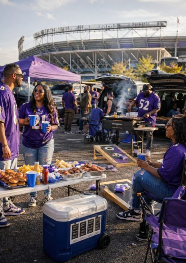 Three people in purple football jerseys gather at a tailgate party near a stadium, enjoying game day food by the grill. Others mingle and play classic tailgate games like cornhole under a sunny sky, showing off fun tailgate party ideas.