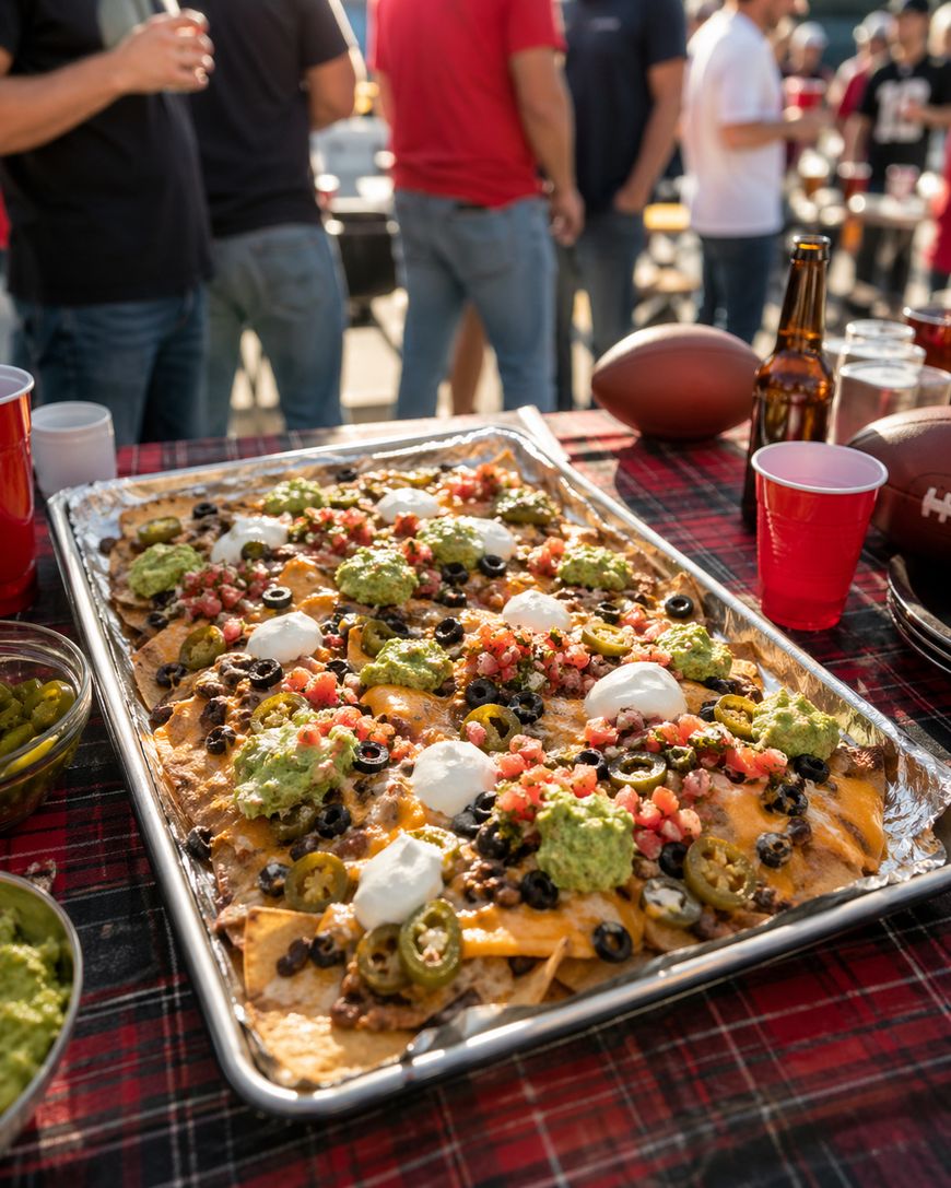 A large tray of loaded nachos topped with guacamole, sour cream, jalapeños, olives, cheese, and tomatoes sits on a plaid tablecloth at an outdoor gathering. People, drinks, and footballs are visible in the background.