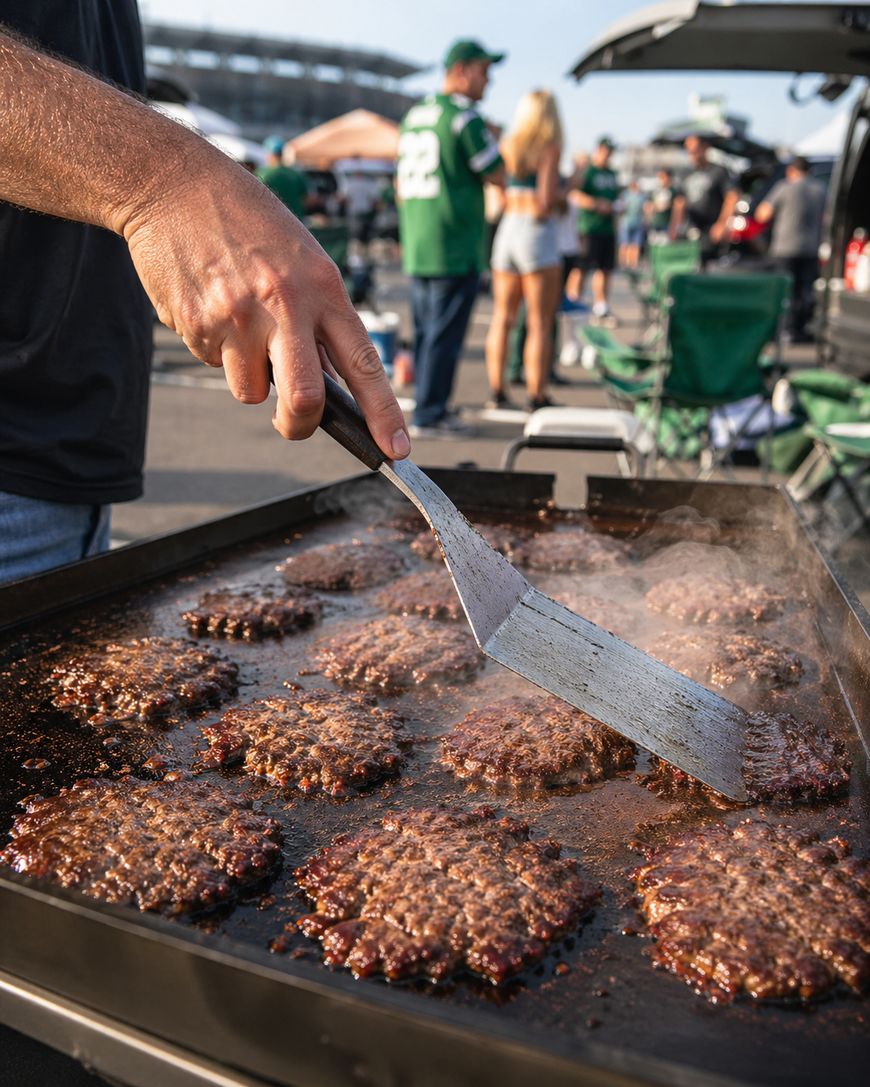 A person grilling several beef patties on a flat-top grill at an outdoor tailgate, with people in sports jerseys and tents visible in the background.