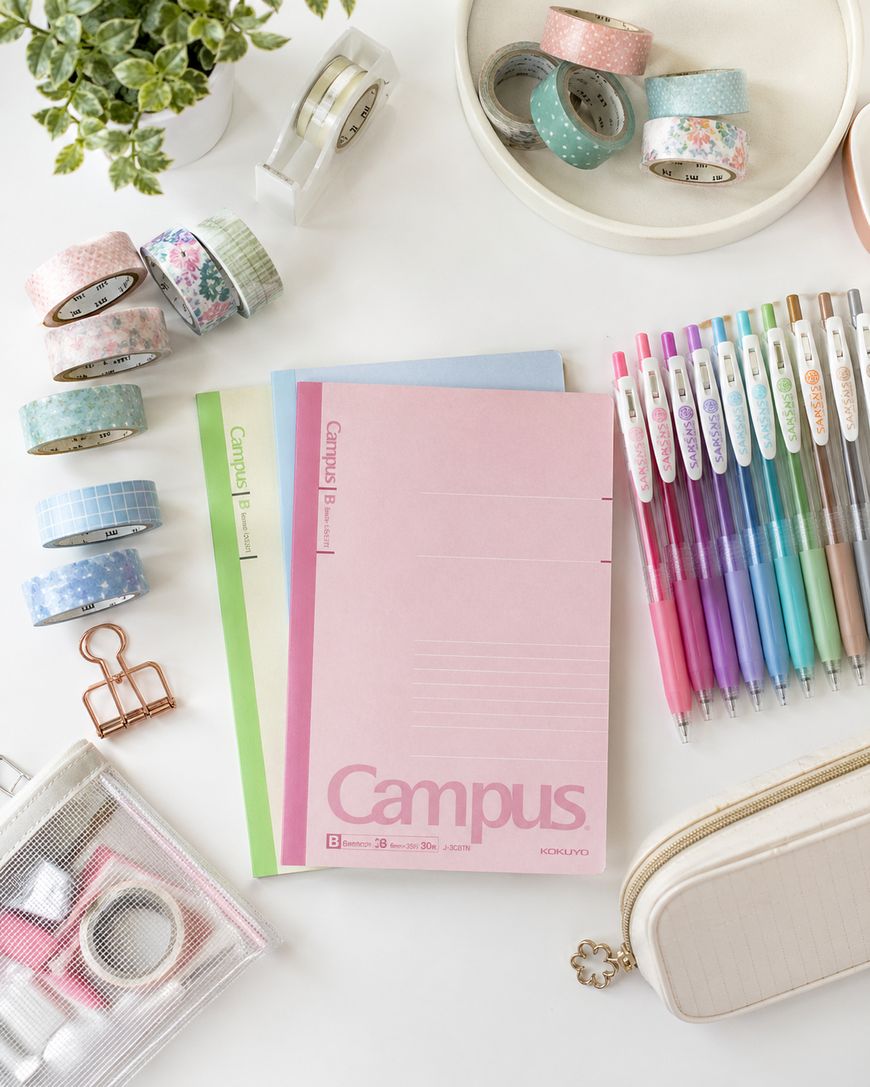 A neatly arranged flat lay of pastel notebooks, colorful pens, decorative washi tapes, a binder clip, and pencil cases on a white desk, with a small green plant in the corner.