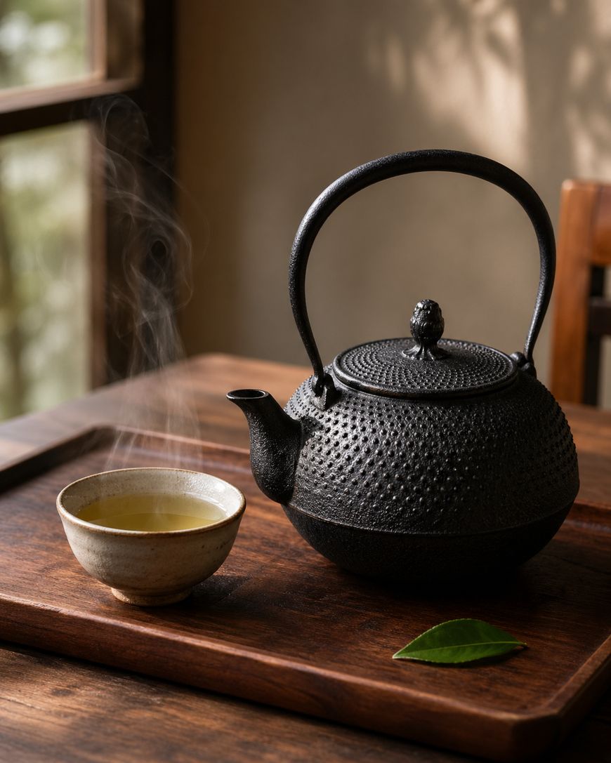 A steaming cup of green tea sits beside a black cast iron teapot on a wooden tray, with a single green leaf nearby. Sunlight filters through a window, creating a calm and cozy atmosphere.