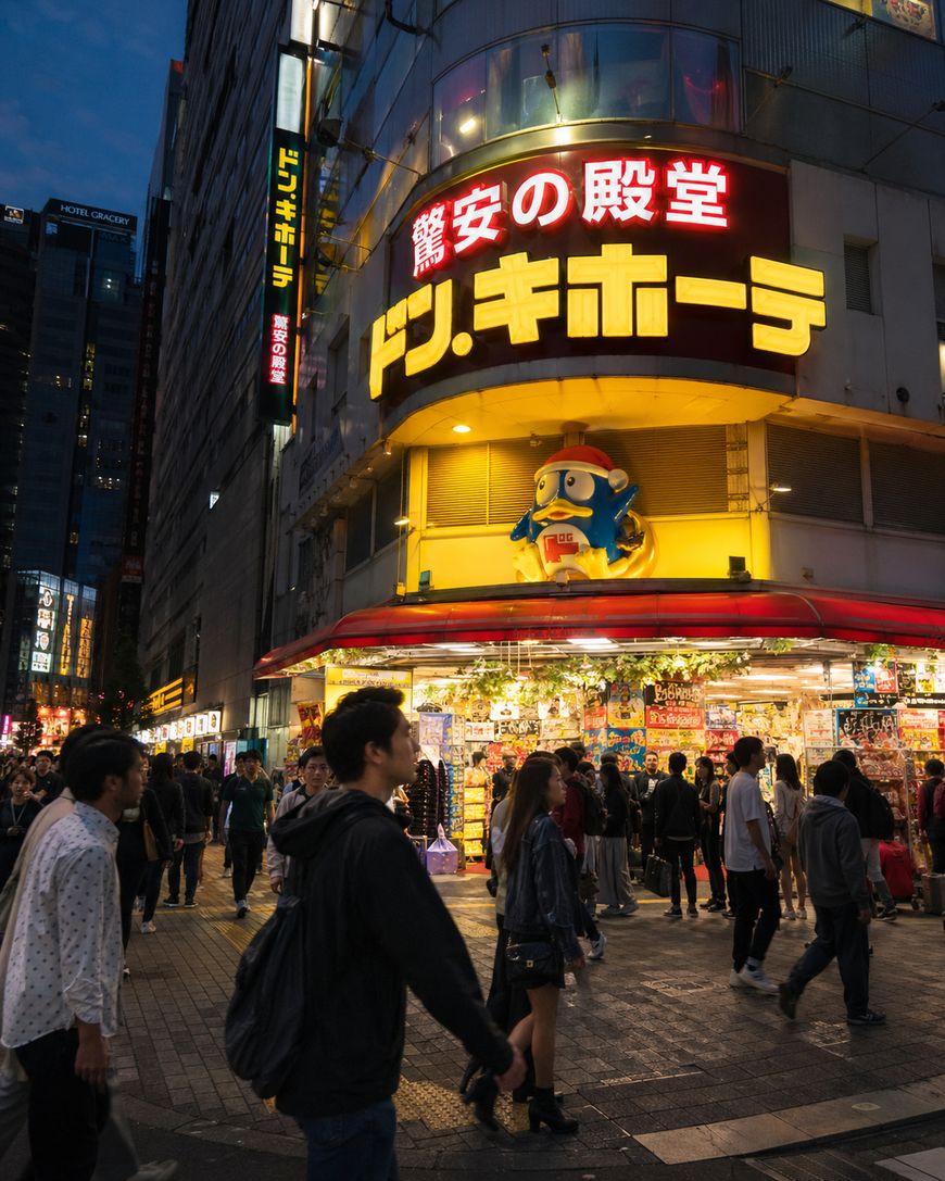 People walk past a brightly lit Don Quijote store in a busy city street at dusk, with colorful signs in Japanese and a large cartoon penguin mascot above the entrance.