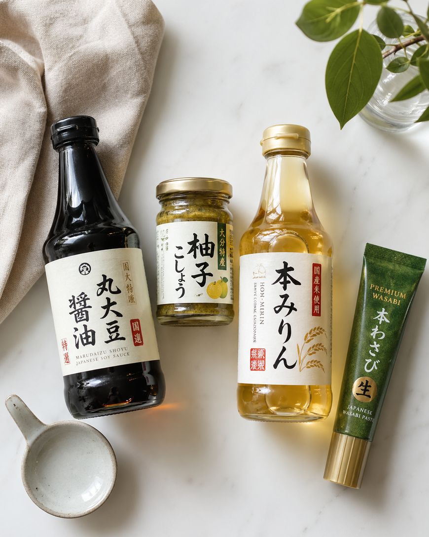 A bottle of soy sauce, a jar of yuzu kosho, a bottle of mirin, and a tube of wasabi are arranged on a white surface with a small sauce dish, a beige cloth, and leafy branch nearby.