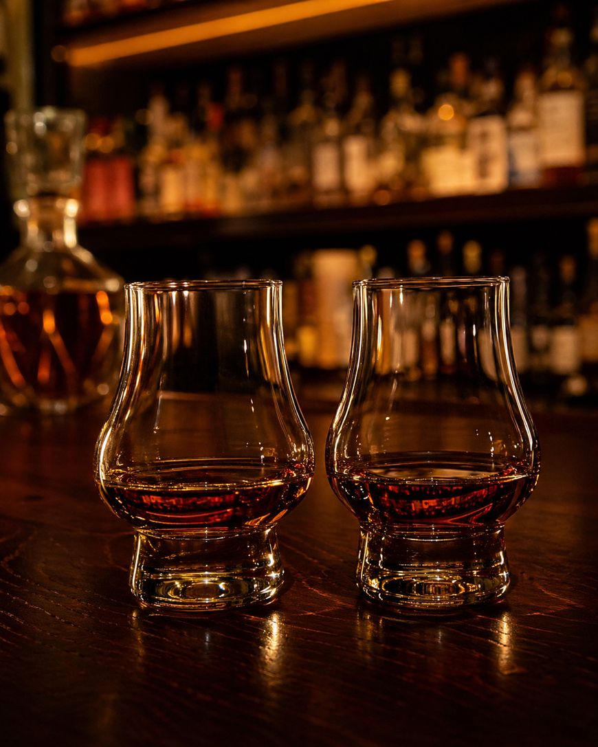 Two glasses of whiskey on a wooden bar counter, filled with amber liquid, with a blurred background of liquor bottles and warm ambient lighting.