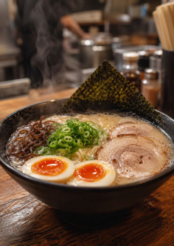 A steaming bowl of ramen topped with sliced pork, marinated eggs, green onions, seaweed, and mushrooms sits on a wooden table—a must-try Japan travel experience in a cozy restaurant setting.