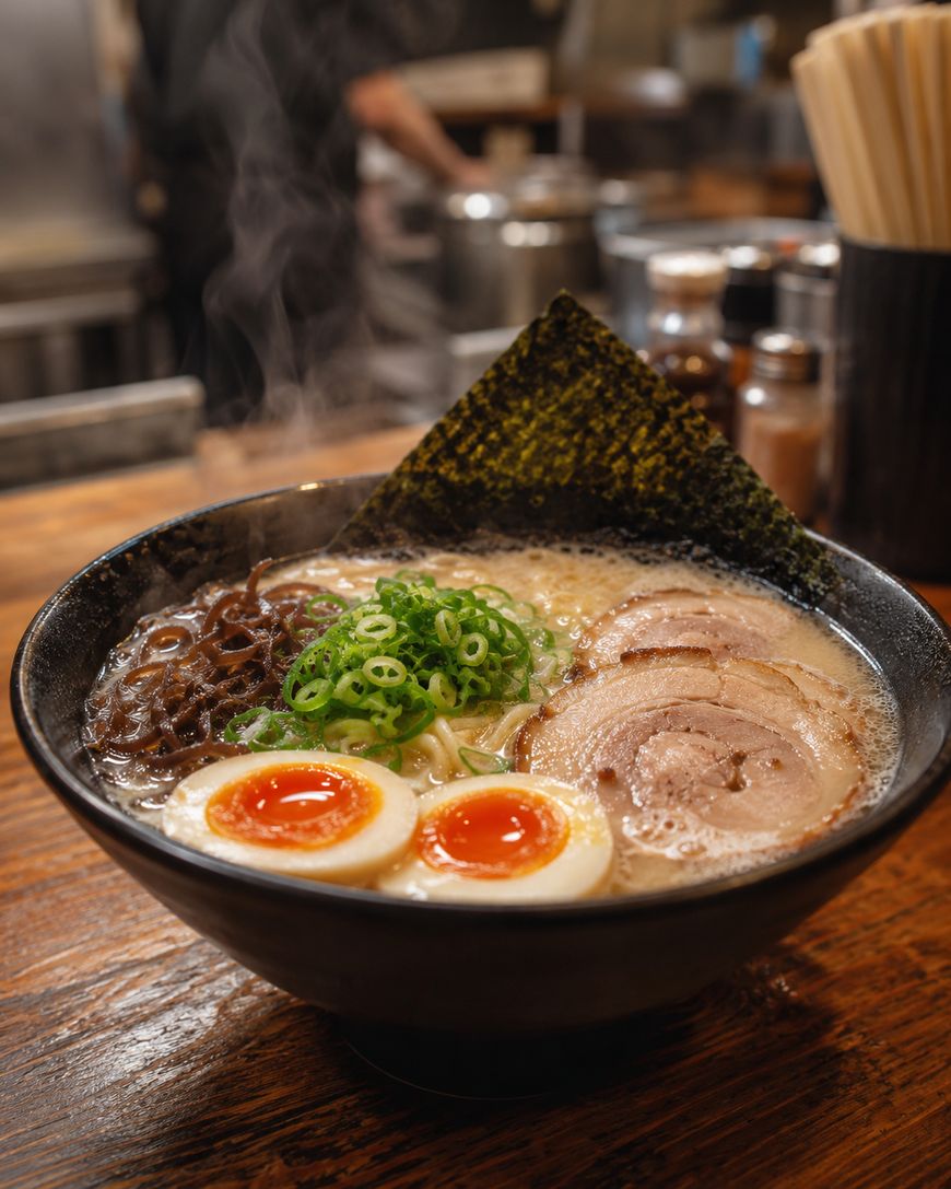 A steaming bowl of ramen topped with sliced pork, soft-boiled eggs, seaweed, green onions, and mushrooms sits on a wooden table in a cozy restaurant setting.