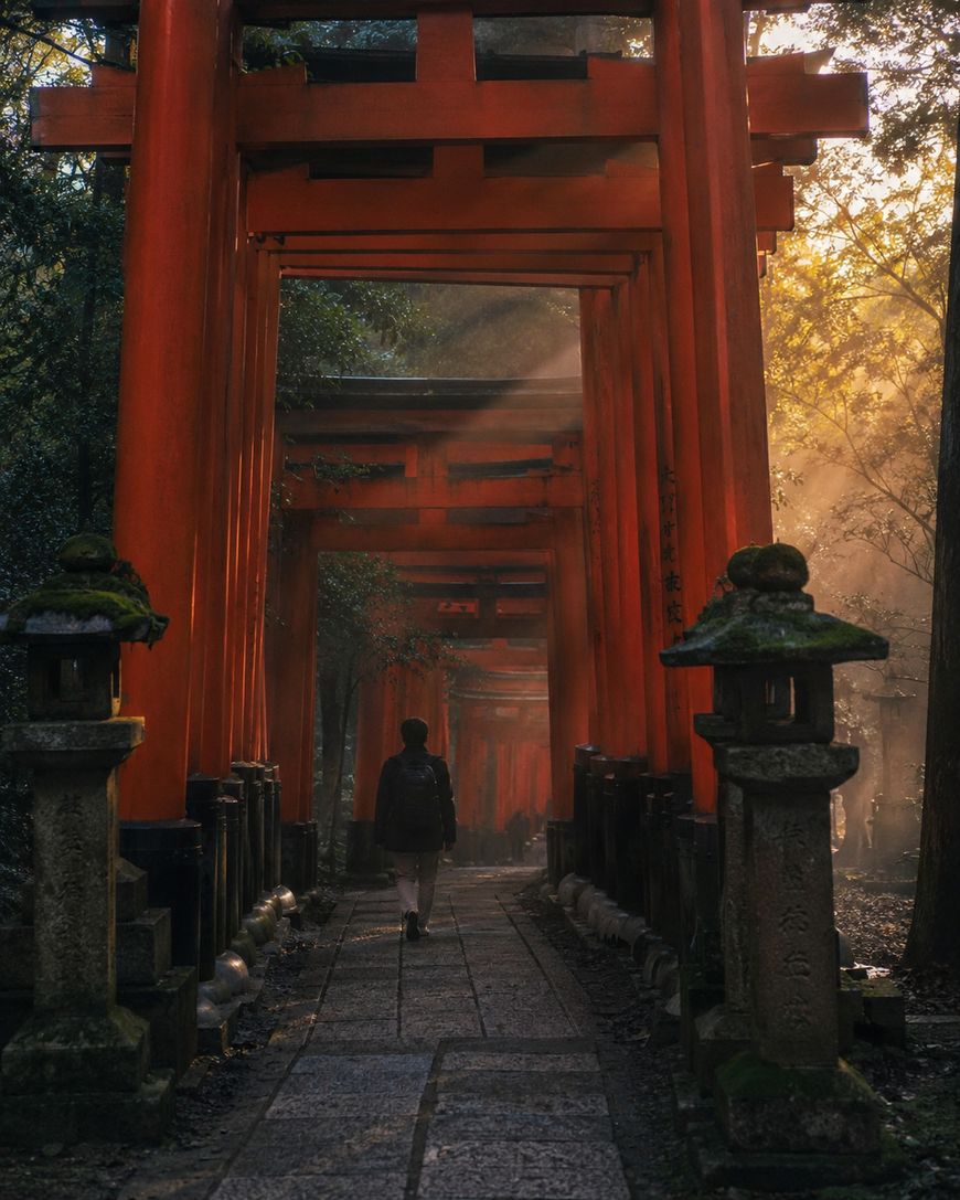 A person walks along a stone path under a series of red torii gates, with sunlight streaming through trees and mist, creating a serene and mystical atmosphere. Moss-covered stone lanterns line the pathway.