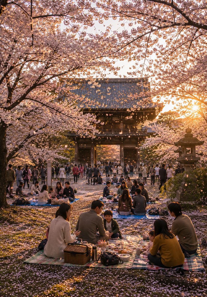 People enjoy a picnic under blooming cherry blossom trees near a traditional Japanese temple at sunset, with groups sitting on blankets and crowds walking in the background.