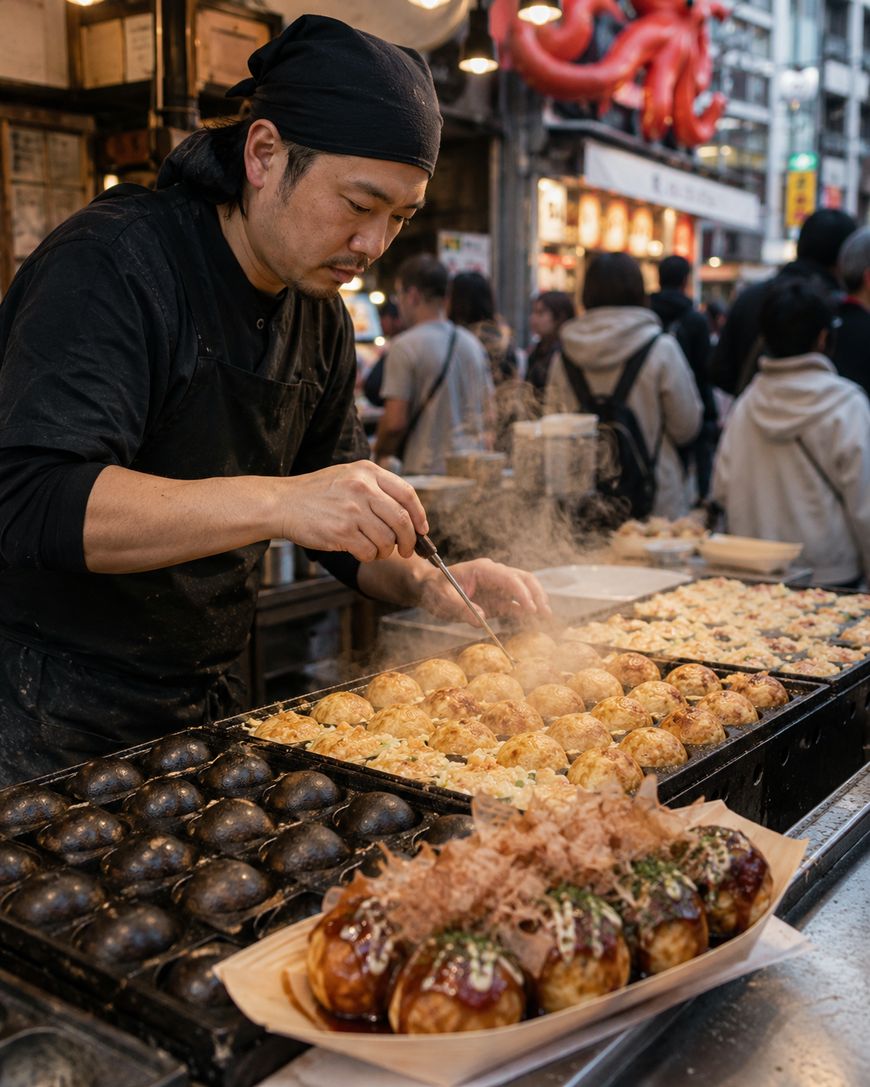 A street food vendor in a black bandana cooks and flips takoyaki balls on a hot grill at a busy outdoor market, with a tray of freshly made takoyaki topped with sauce and bonito flakes in the foreground.