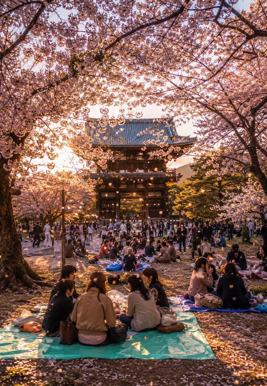 People sit on blankets under blooming cherry blossom trees, enjoying a picnic in a park. In the background, a traditional Japanese temple gate is visible, with warm sunlight filtering through the scene.