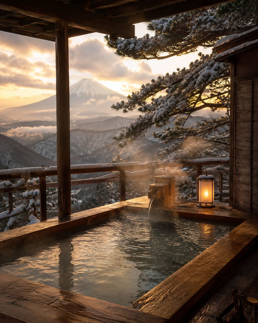 A steaming outdoor wooden hot spring bath overlooks snowy mountains and Mount Fuji at sunset, with a glowing lantern and pine tree branches enhancing the serene scene.