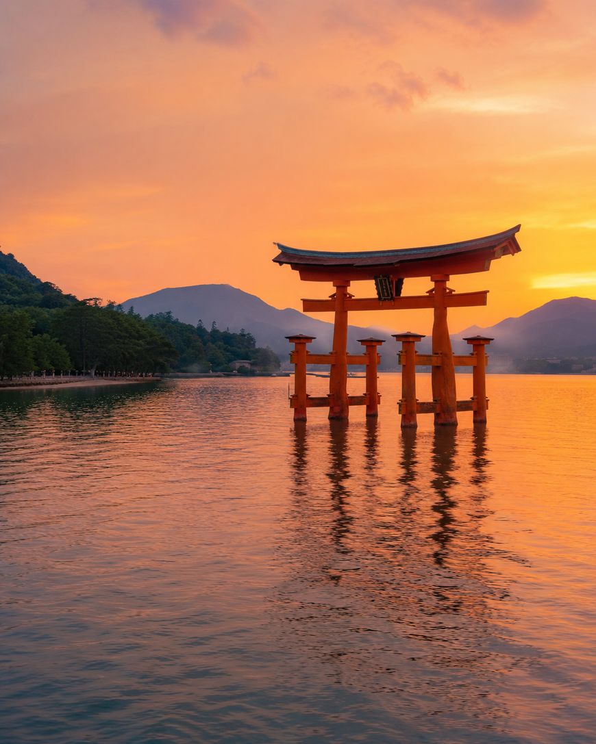A traditional Japanese torii gate stands in calm water at sunset, with orange and pink hues in the sky, surrounded by distant mountains and trees along the shoreline.