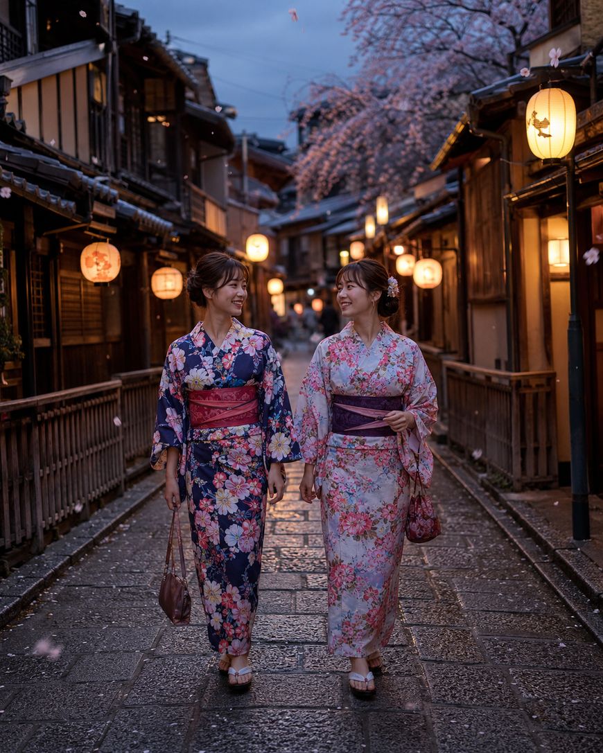 Two women wearing colorful floral kimonos walk and smile at each other on a lantern-lit street lined with traditional Japanese buildings, with cherry blossoms blooming overhead at dusk.