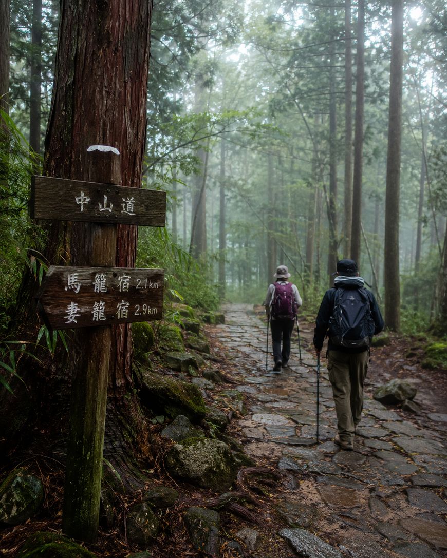 Two hikers with backpacks and walking sticks walk along a stone path through a misty forest. A wooden signpost with Japanese text and distances stands next to the trail. Tall trees surround the scene.