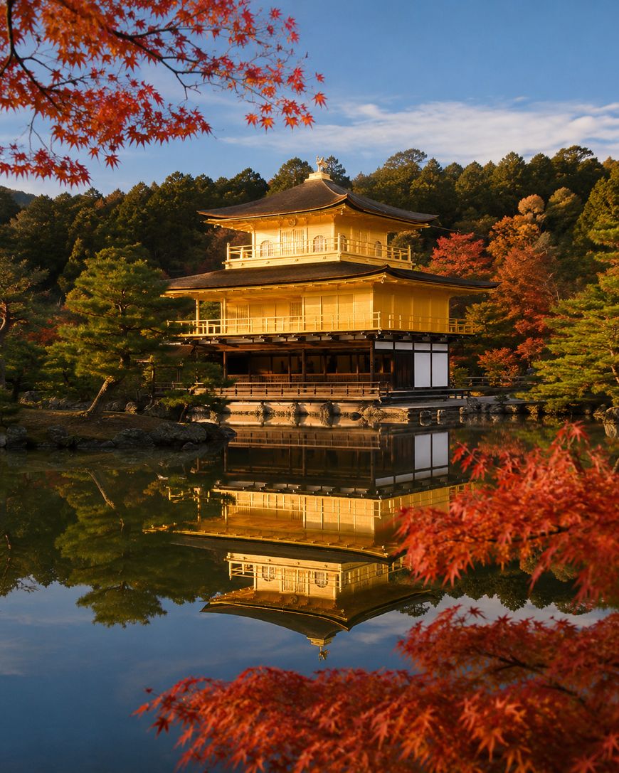 A golden Japanese temple is reflected in a calm pond, surrounded by vibrant autumn trees with red and orange leaves under a clear blue sky.