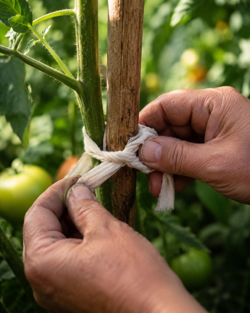 Close-up of hands tying a white cloth strip around a tomato plant stem and wooden stake for support, with green tomatoes and leaves in the blurred background.