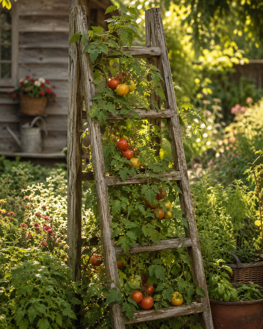 A wooden ladder in a garden supports climbing tomato plants with ripe red and yellow tomatoes. Green foliage surrounds the ladder, and a rustic wooden building is visible in the shaded background.