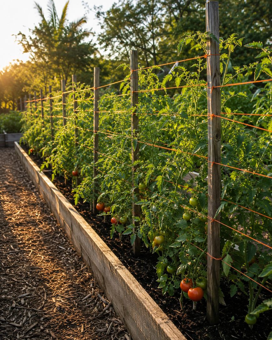 Raised garden bed with staked rows of tomato plants, some bearing ripe red fruit, is pictured at sunset with sunlight filtering through trees in the background.