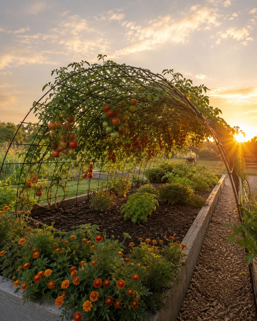 A garden arch covered with ripening tomatoes stands over raised beds filled with flowers and herbs, with the sun setting in the background and casting a warm golden light over the scene.