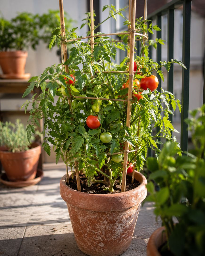 Tomato plant growing in a terracotta pot, supported by a bamboo trellis, with ripe and unripe tomatoes, on a sunlit balcony with other potted plants in the background.
