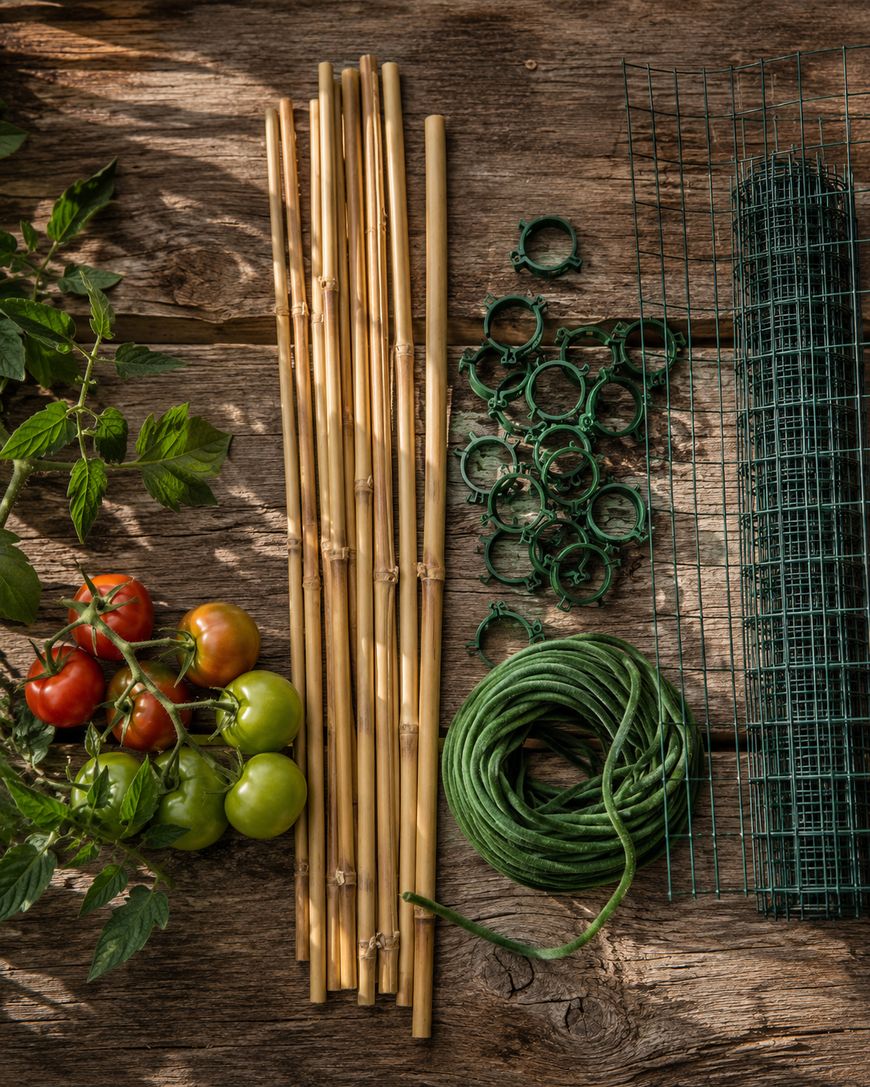 Gardening supplies arranged on wooden boards: a tomato plant with red and green tomatoes, bamboo stakes, green plant ties, a coil of green twine, and a rolled wire mesh.