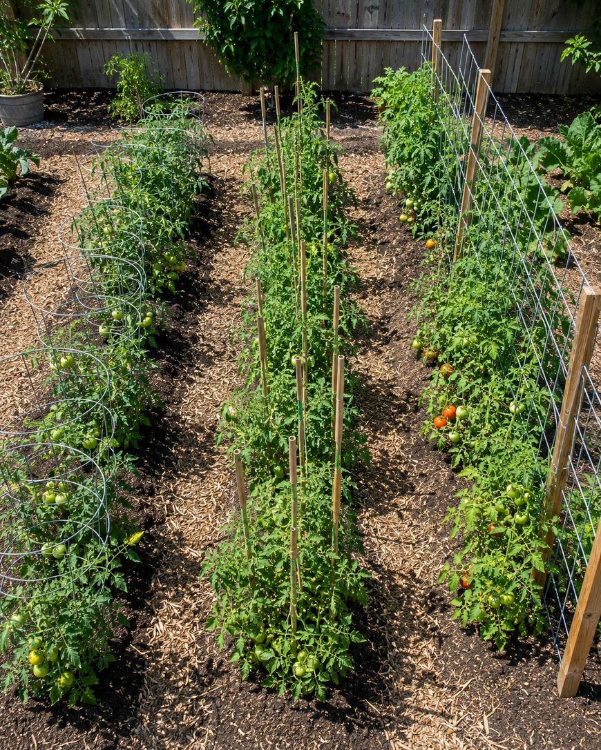 Rows of tomato plants growing in a garden, supported by wire cages and wooden stakes, with ripe and green tomatoes visible. The soil is covered with mulch, and a wooden fence is in the background.