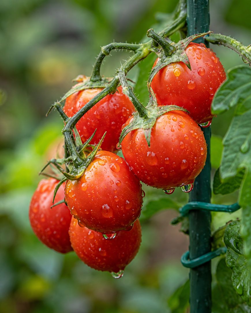 A cluster of ripe, red tomatoes covered in water droplets hangs from a vine, supported by a green stake in a garden with lush green foliage in the background.