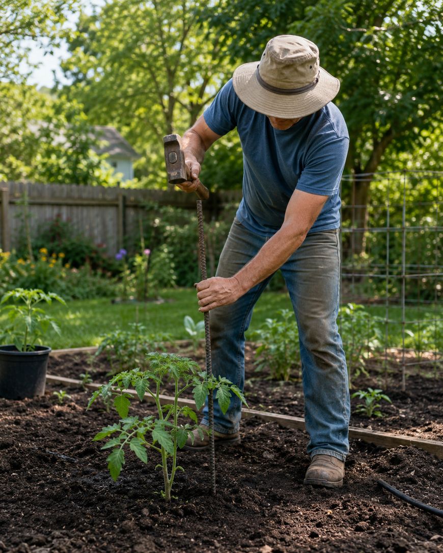 A person wearing a hat and blue shirt uses a hammer to drive a metal stake into the soil next to a young tomato plant in a garden, surrounded by greenery and a wooden fence.