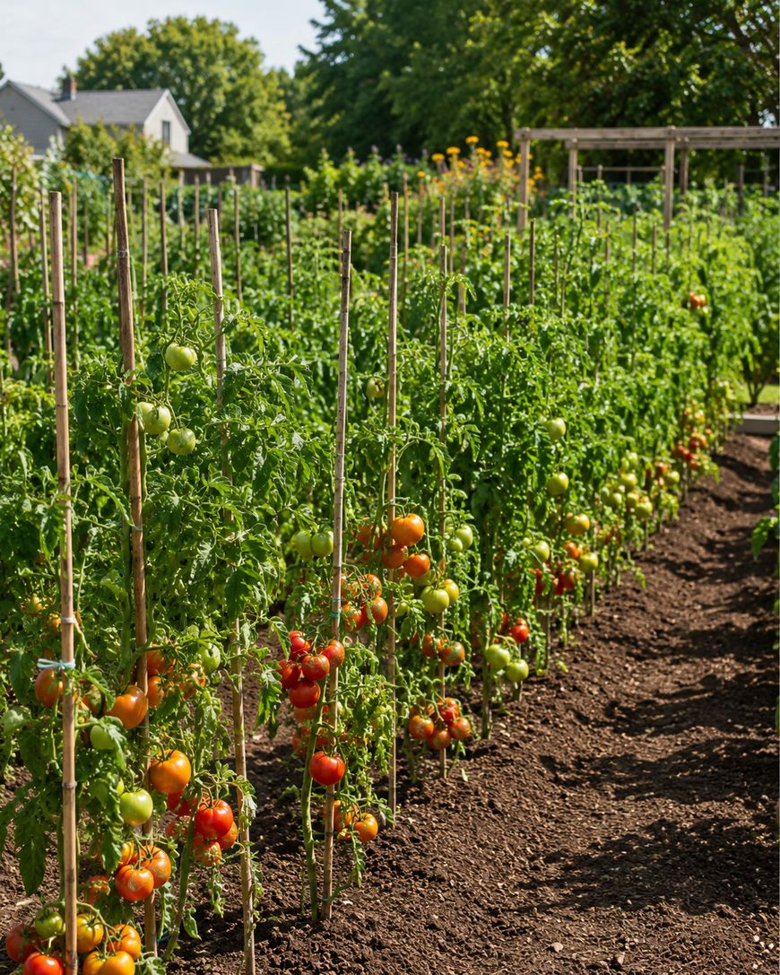 Rows of staked tomato plants growing in a well-tended garden. The plants have green leaves and clusters of tomatoes in various stages of ripeness, from green to red. Houses and trees are visible in the background.