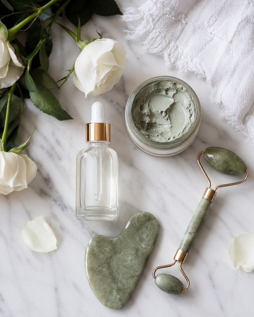 Flat lay of skincare items on a marble surface: a dropper bottle, an open jar of green facial mask, a jade roller, a gua sha stone, white roses, rose petals, and a white textured towel.