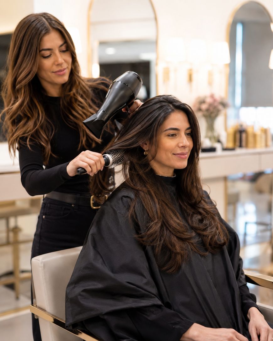 A hairstylist blow-dries a womans long, dark hair with a round brush in a modern salon. Both women have long hair, and the client is wearing a black salon cape and smiling while seated in a chair.