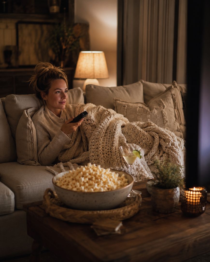 A woman sits on a cozy couch wrapped in a knit blanket, holding a remote and watching TV. A large bowl of popcorn and a drink are on the table, with warm lamp and candlelight creating a relaxed atmosphere.