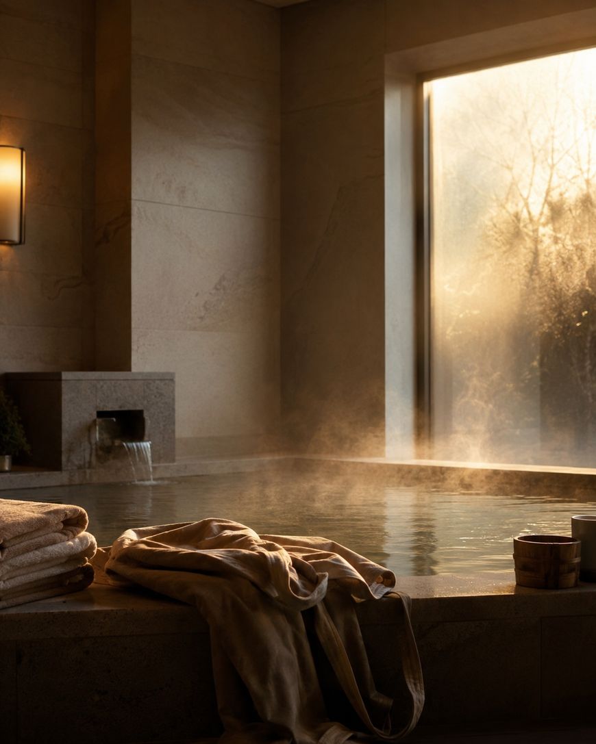 A serene indoor bath with steam rising, soft sunlight streaming through a large window, towels and a robe draped on the edge, and a bamboo bucket nearby, creating a relaxing, spa-like atmosphere.
