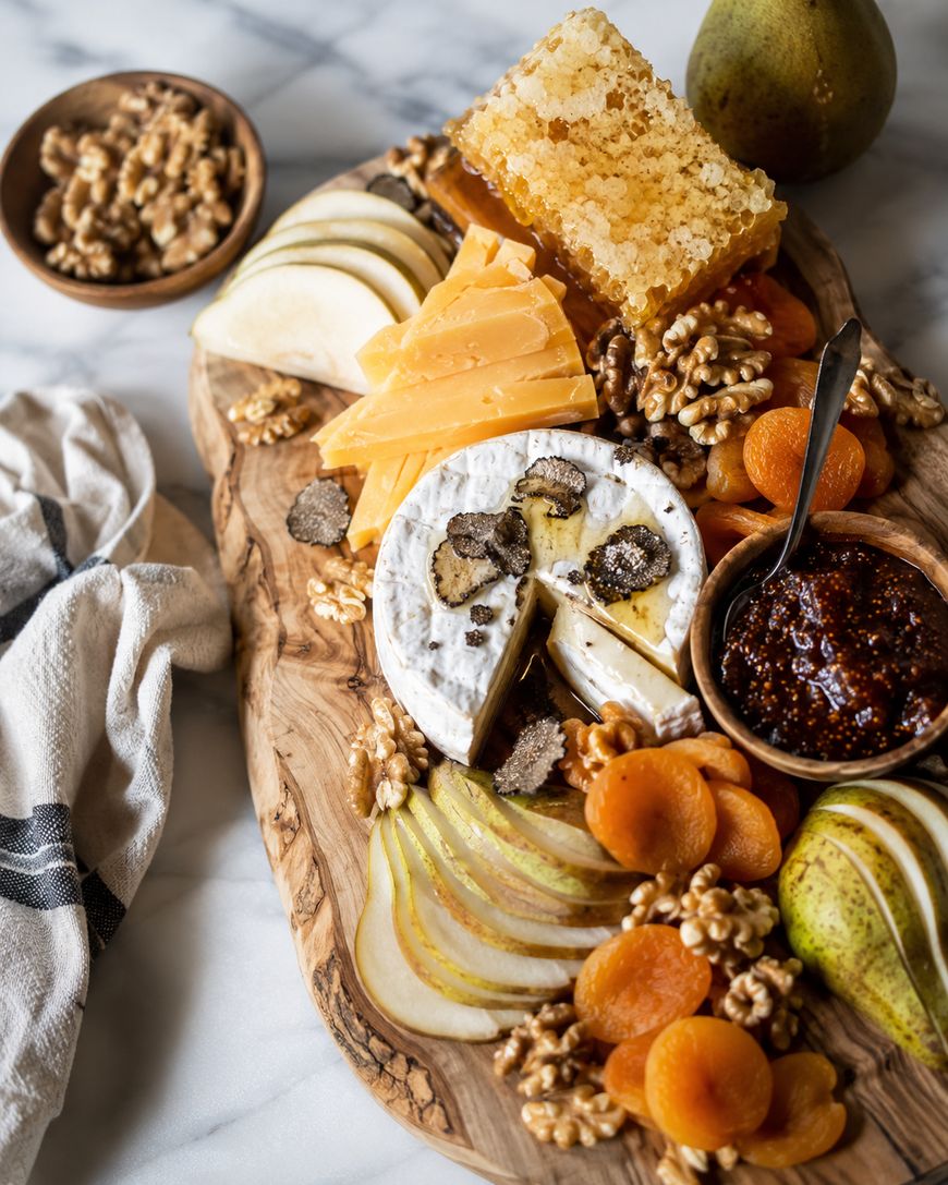 A wooden board with sliced cheeses, brie with truffles, sliced pears, honeycomb, dried apricots, walnuts, and a small bowl of fig jam. A bowl of walnuts and a cloth napkin are beside the board on a white surface.