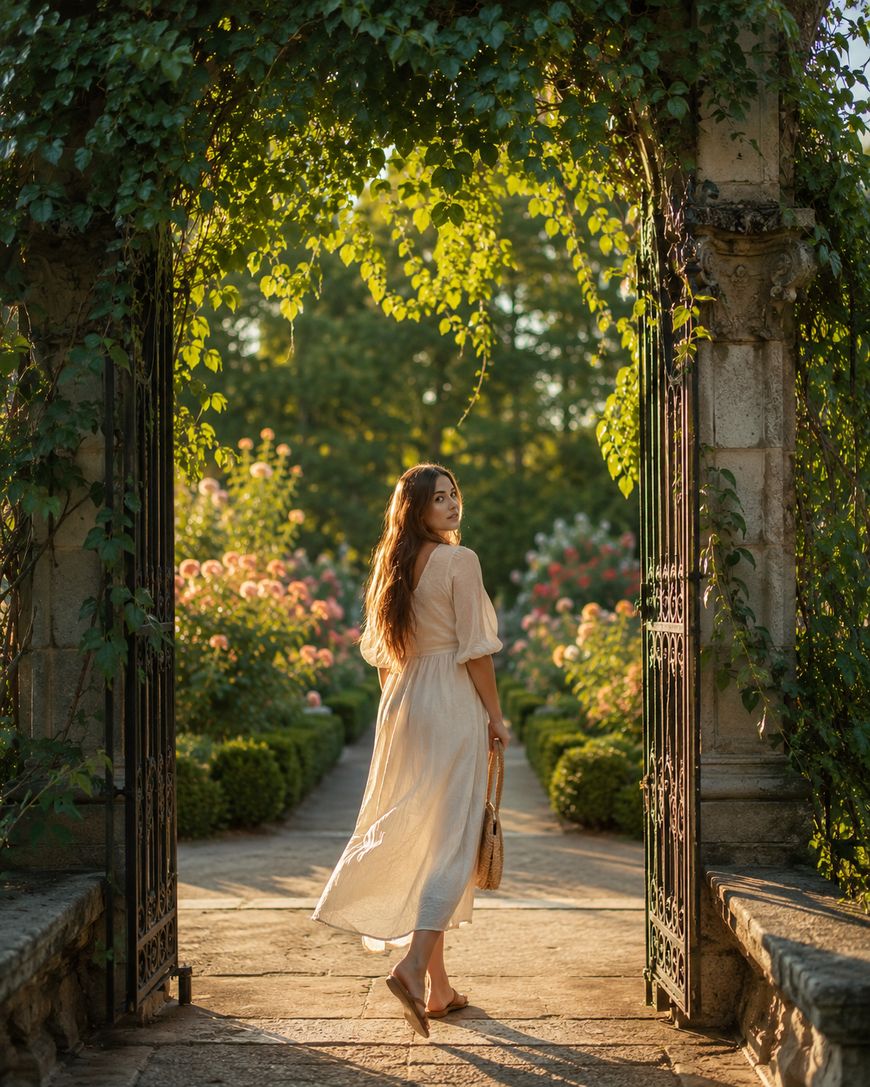 A woman in a light, flowing dress walks barefoot through a sunlit garden gate, surrounded by greenery and blooming flowers, looking back over her shoulder into the warm, golden light.
