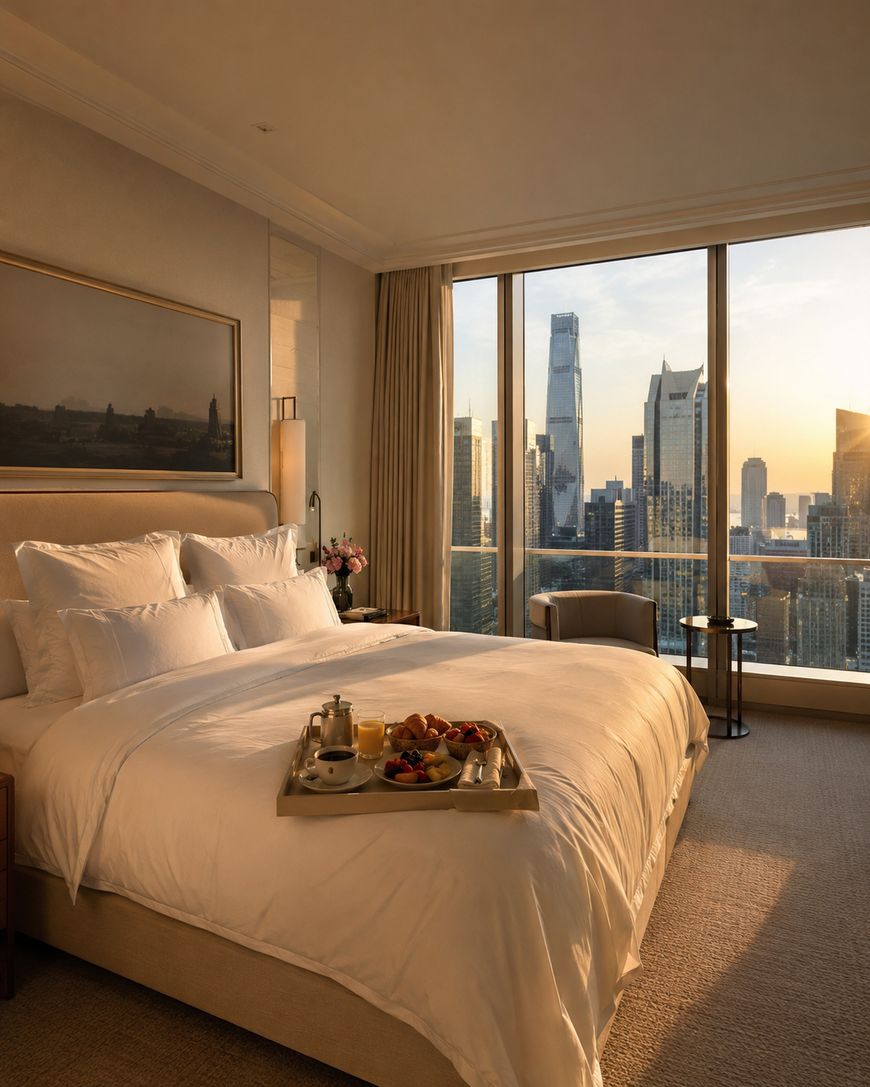 A luxurious hotel room with a large bed, white bedding, and a breakfast tray overlooks a city skyline through floor-to-ceiling windows at sunset. A cityscape with tall buildings is visible outside.