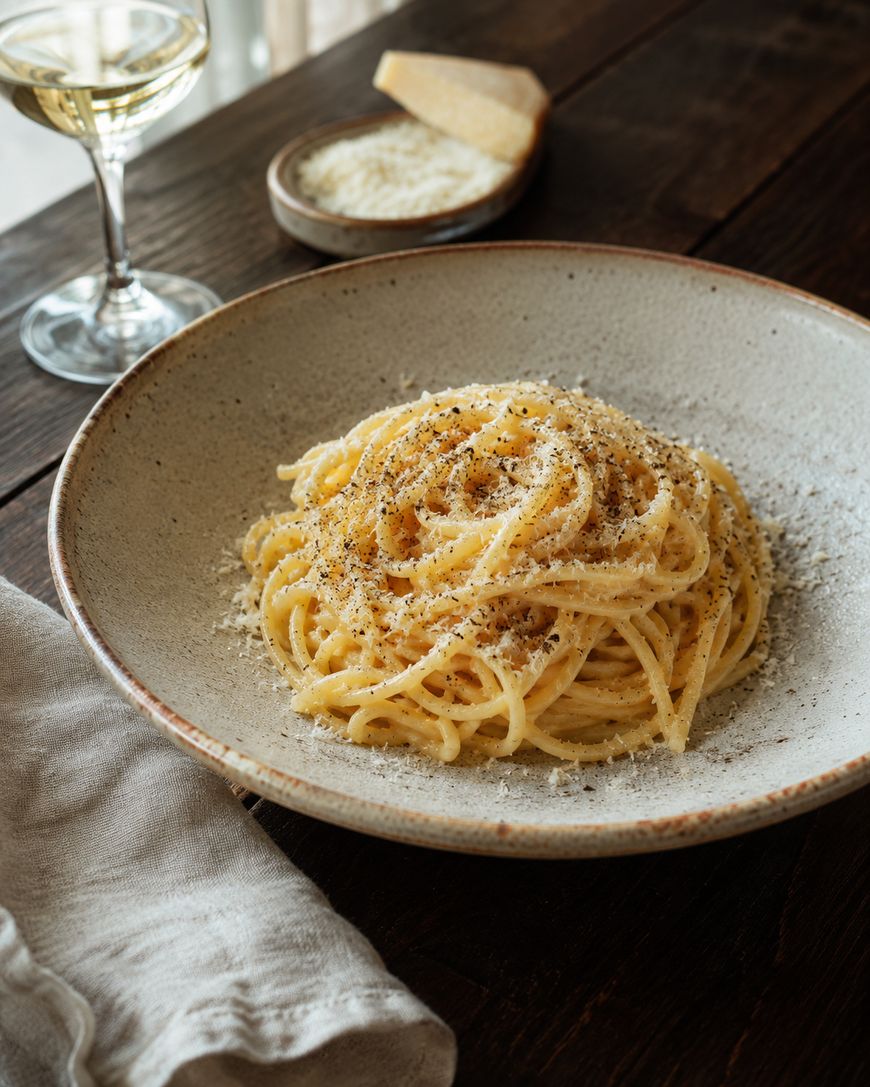A bowl of spaghetti pasta topped with grated cheese and black pepper sits on a rustic wooden table, with a glass of white wine, a small plate of cheese, and a beige napkin nearby.